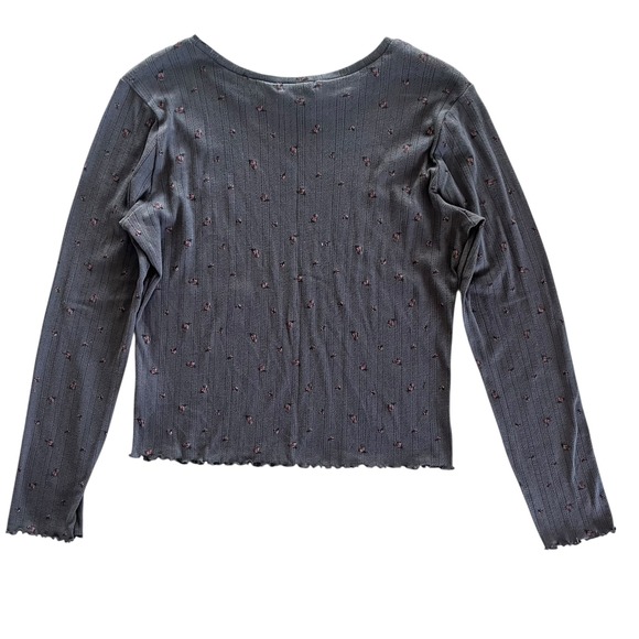 Fitz + Eddi Women XL Grey Pink Floral Long Sleeve Cropped Ribbed Lettuce Hem Top - Picture 3 of 11